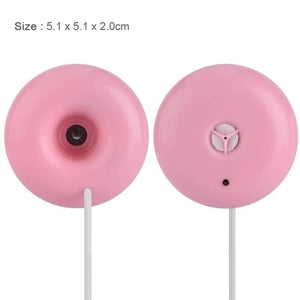 Donuts Shape Mini USB Humidifier Mist Maker Air Diffuser - shown from the front and back in pink, with a USB cable and dimensions listed as 5.1 x 5.1 x 2.0cm.