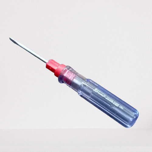 Double Head Plastic Handle Screwdriver - shown with a clear blue handle, a red connector piece, and a metal flathead tip against a white background.