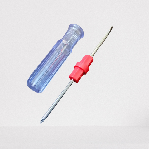 Double Head Plastic Handle Screwdriver - shown with a transparent blue handle and a reversible metal bit featuring a red plastic center grip.