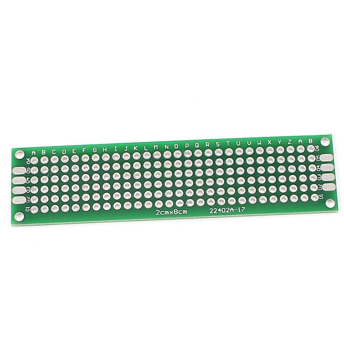 Double Side 2x8 Dotted Veroboard Printed Circuit PCB Prototype Board Project Board - a rectangular green circuit board with a grid of holes and lettered columns.