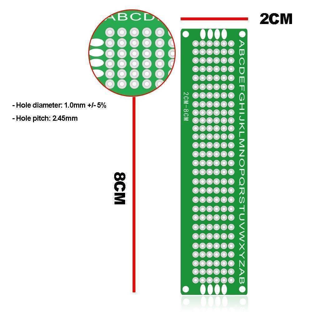 Double Side 2x8 Dotted Veroboard Printed Circuit PCB Prototype Board Project Board - a green rectangular prototype board with a grid of holes, labels A-Z, and diagrams indicating dimensions.