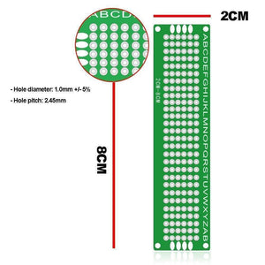 Double Side 2x8 Dotted Veroboard Printed Circuit PCB Prototype Board Project Board - a green rectangular prototype board with a grid of holes, labels A-Z, and diagrams indicating dimensions.