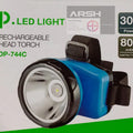 Dp LED 744C- Rechargeable LED Head Light Torch - a blue headlamp with a black strap and technical specifications printed on the front.