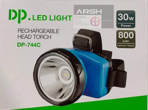 Dp LED 744C- Rechargeable LED Head Light Torch - a blue headlamp with a black strap and technical specifications printed on the front.