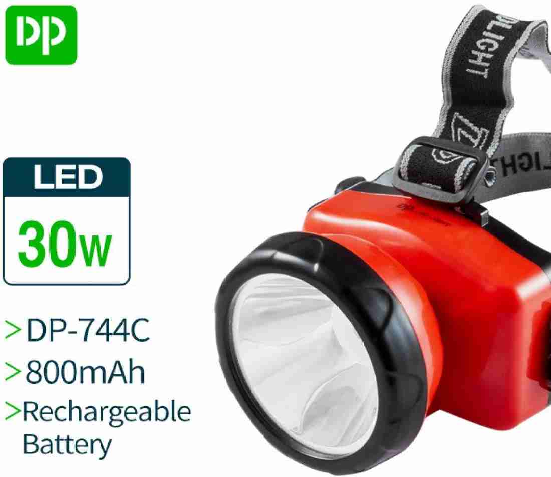 Dp LED 744C- Rechargeable LED Head Light Torch - a red plastic torch with a black circular lens housing and an attached grey adjustable elastic head strap.