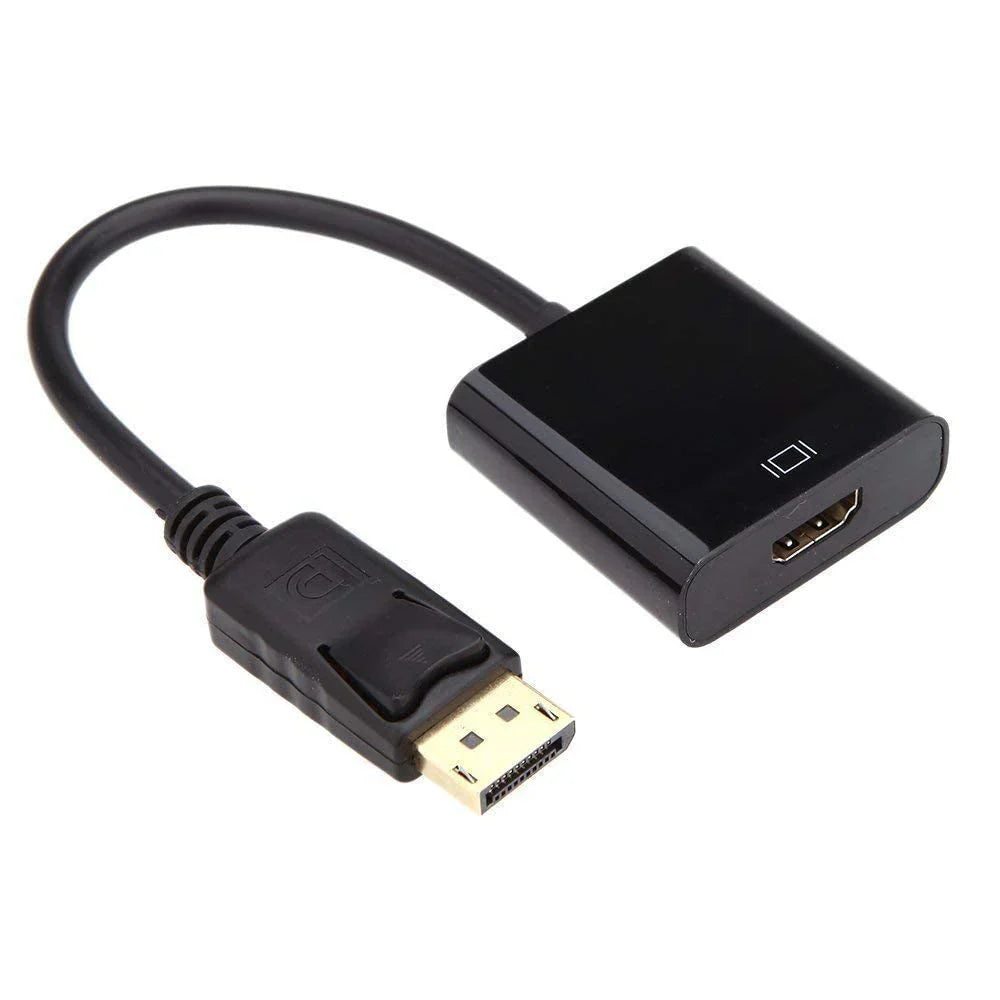 Dp To HDMI Converter With 20cm Cable - black adapter featuring a DisplayPort male connector on one end and an HDMI female port on the other.