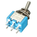 Dpdt 3 Positions Toggle Switch 6 Pin - a blue rectangular switch with a silver metal lever, six bottom pins, and metal mounting hardware.