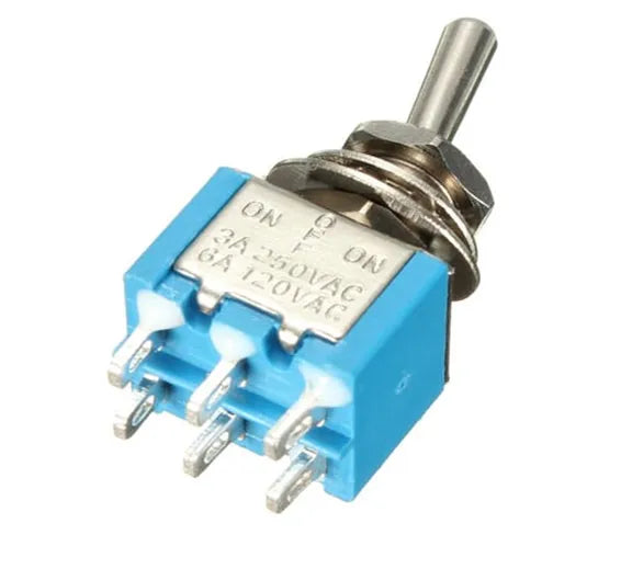 Dpdt 3 Positions Toggle Switch 6 Pin - a blue rectangular switch with a silver metal lever, six bottom pins, and metal mounting hardware.