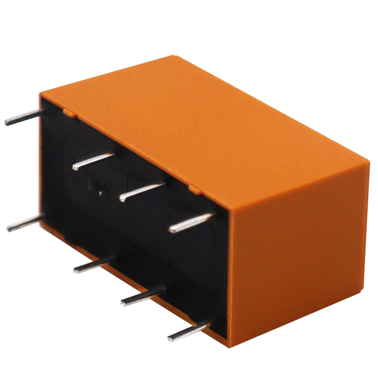 Dpdt PCB Power Relay DC 12V 8 Pins Mini Power Relay HK19F-8p-12V - an orange rectangular electronic component with eight metal pins on the underside.