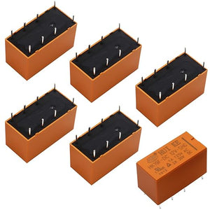 Dpdt PCB Power Relay DC 12V 8 Pins Mini Power Relay HK19F-8p-12V - six rectangular orange and black relay units with eight metal pins arranged in two rows.