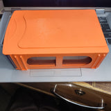 Drawer Storage Box 190MMX120MMX50MM - an orange rectangular plastic storage unit with two clear front-facing windows, resting on a laptop keyboard.