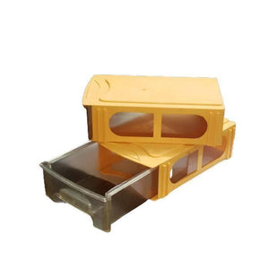 Drawer Storage Box 190MMX120MMX50MM - two yellow plastic storage units with one clear pull-out drawer partially extended.