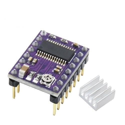 DRV8825 Stepper Motor Driver With Aluminum Heat Sink - a purple circuit board with a black chip, a small potentiometer, and a separate silver aluminum heat sink.