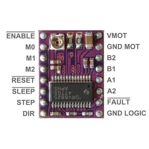 DRV8825 Stepper Motor Driver With Aluminum Heat Sink - a purple rectangular circuit board with a central chip, a small adjustment knob, and labeled pin headers on both sides.