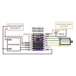 DRV8825 Stepper Motor Driver With Aluminum Heat Sink - a wiring diagram showing the purple driver module connected to a microcontroller, power supplies, and a stepper motor.