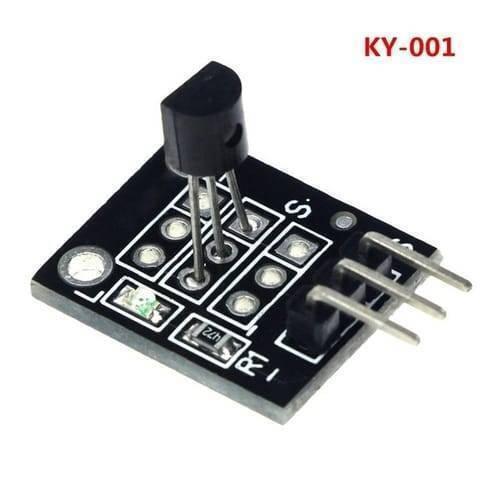 DS18B20 Temperature Measurement Sensor Module Ky 001 Hw-477 - a black circuit board with a three-pin sensor, a resistor, and a three-pin header connector.