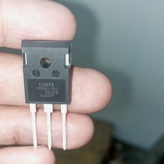 DSEK60-02A Power Diode – 200V, 30A Fred Technology, TO-247AD Package, Fast 20NS Recovery - a black three-pin electronic component in a TO-247AD package, held between fingers with product text visible on the front.