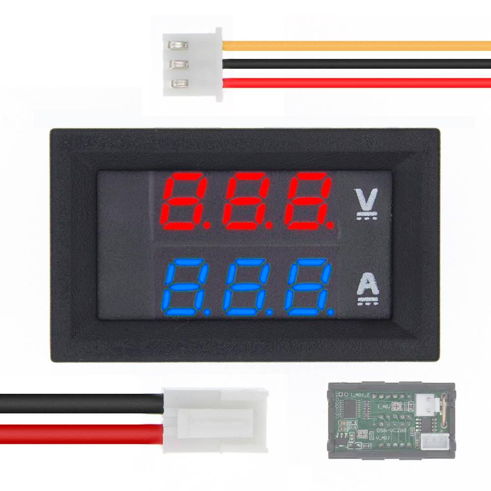 DSN-VC288 Panel Mount DC 100V 10A Voltmeter Ammeter - a red voltage display, blue current display, two wiring harnesses, and the rear circuit board.