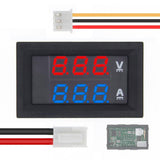 DSN-VC288 Panel Mount DC 100V 10A Voltmeter Ammeter - a red voltage display, blue current display, two wiring harnesses, and the rear circuit board.