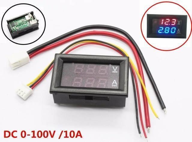 DSN-VC288 Panel Mount DC 100V 10A Voltmeter Ammeter - the black display module with wires, a rear circuit board view, and a lit display reading 12.3V and 2.80A.