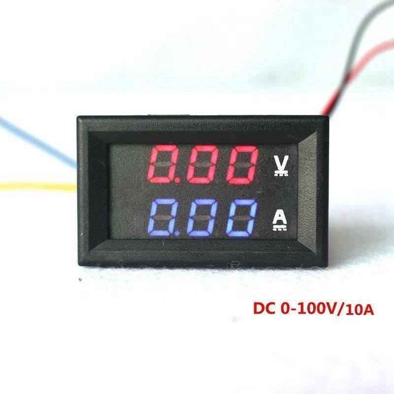 DSN-VC288 Panel Mount DC 100V 10A Voltmeter Ammeter - a black rectangular dual-display module with red voltage and blue current readings of 0.00.