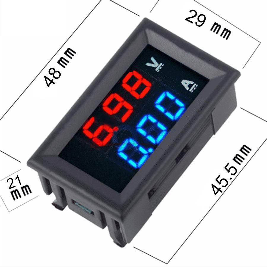 DSN-VC288 Panel Mount DC 100V 10A Voltmeter Ammeter - a black rectangular dual-display module with red 6.98 V and blue 0.00 A readings and dimensions.