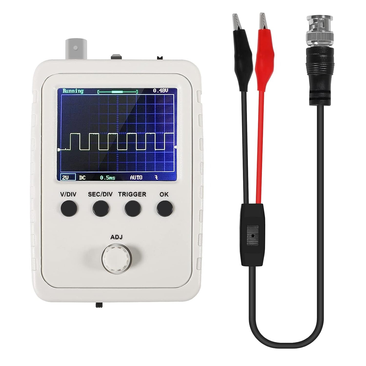 DSO150 Digital Oscilloscope Kit – Fully Assembled With Probe | Best Price - a white handheld device with a screen displaying a waveform, four buttons, an adjustment knob, and a BNC probe.