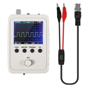 DSO150 Digital Oscilloscope Kit – Fully Assembled With Probe | Best Price - a white handheld device with a screen displaying a waveform, four buttons, an adjustment knob, and a BNC probe.