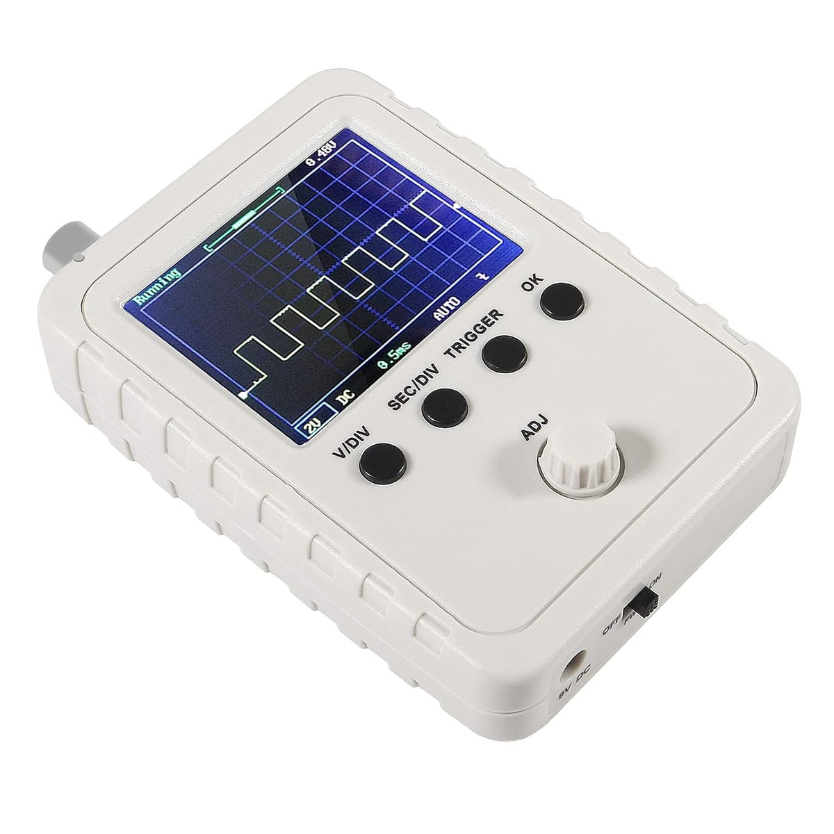 DSO150 Digital Oscilloscope Kit – Fully Assembled With Probe | Best Price - a white handheld device with a screen displaying a square wave, control buttons, an adjustment knob, and a power switch.