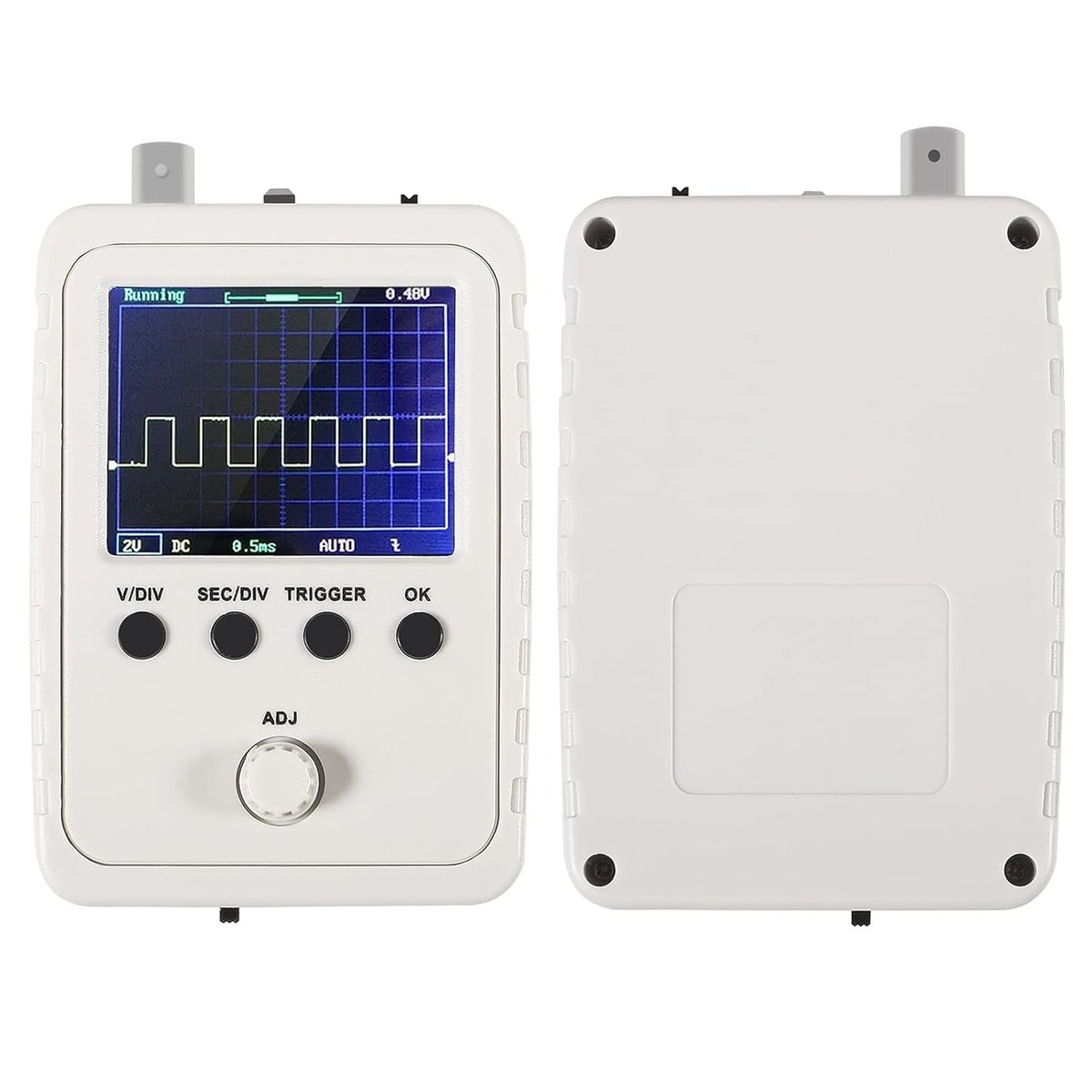 DSO150 Digital Oscilloscope Kit – Fully Assembled With Probe | Best Price - the front and back of the white handheld device, featuring an LCD screen with a waveform, four buttons, and a knob.