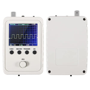 DSO150 Digital Oscilloscope Kit – Fully Assembled With Probe | Best Price - the front and back of the white handheld device, featuring an LCD screen with a waveform, four buttons, and a knob.