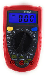 DT33B Digital Multimeter, AC/DC Voltage And DC Current Measuring Digital Multimeter (red, Black 2000 Counts) - handheld device with a central rotary dial, blue LCD screen displaying 000, and three input ports at the bottom.
