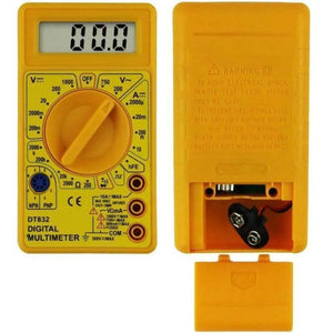 DT830D Digital Multimeter - shown in two parts: the yellow front face with a rotary dial and display reading 00.0, and the open rear battery compartment.