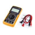 DT9205A Digital Multimeter - shown with a yellow casing, a blank display, a central rotary dial, input ports, and a pair of red and black test leads.