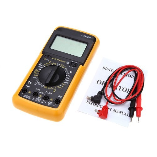 DT9205A Digital Multimeter - shown with a yellow casing, a blank display, a central rotary dial, input ports, and a pair of red and black test leads.