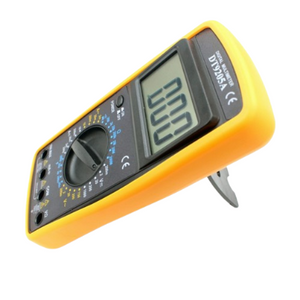 DT9205A Digital Multimeter - in a yellow protective case, shown at an angle with a rotary dial, input ports, and a blank digital display screen.