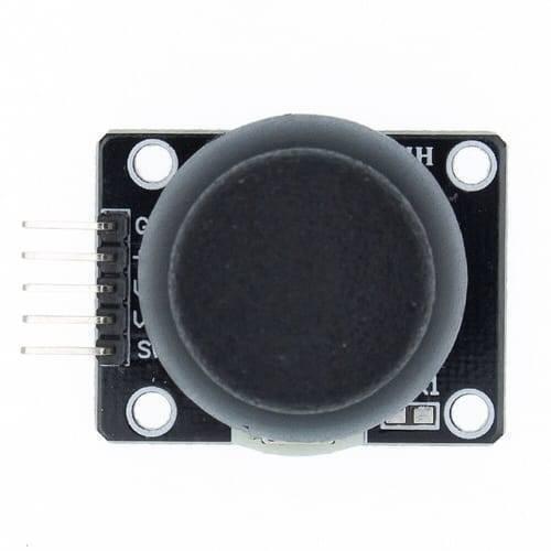 Dual Axis Xy Analog Joystick Module Ky 023 2 Axis PS2 Joystick Control Lever Breakout Sensor - a black square circuit board with a large circular grey joystick and five silver pins on the left side.