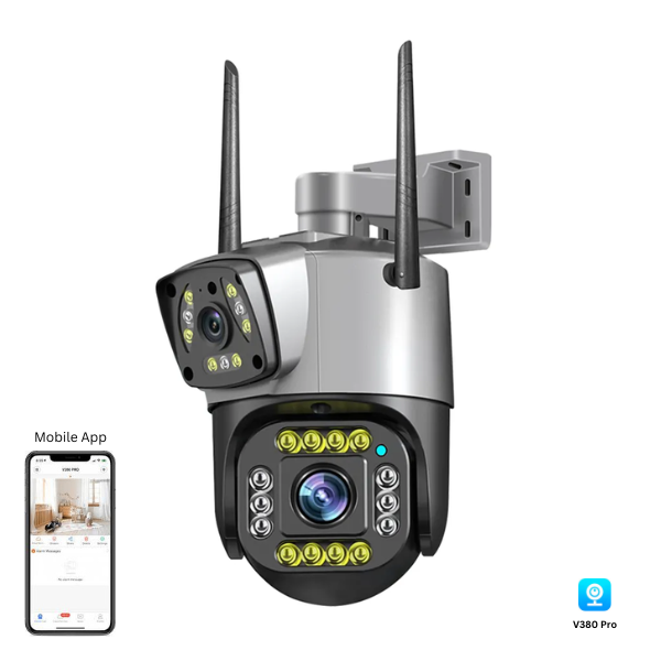 Dual Camera Wireless security camera – 4MP – V380 Pro without adapter - a grey, dual-lens outdoor camera with two antennas and a smartphone displaying the V380 Pro app.