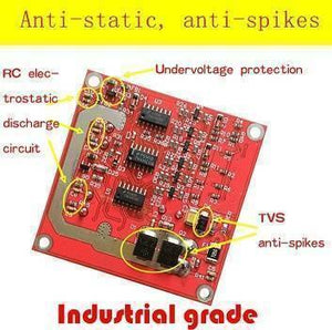 Dual DC Motor Drive Module 7A 160W Industrial Grade Positive And Negative PWM Speed Regulation L298 Logic - red rectangular circuit board with electronic components, labeled with highlighted protection features and annotations.