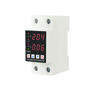 Dual Display Adjustable Over Voltage Current And Under Voltage Protective Device Protector Relay 63A And 40 a 220V 230V - a white rail-mount device with a digital screen showing 204V and 006A, featuring four buttons and status LEDs.