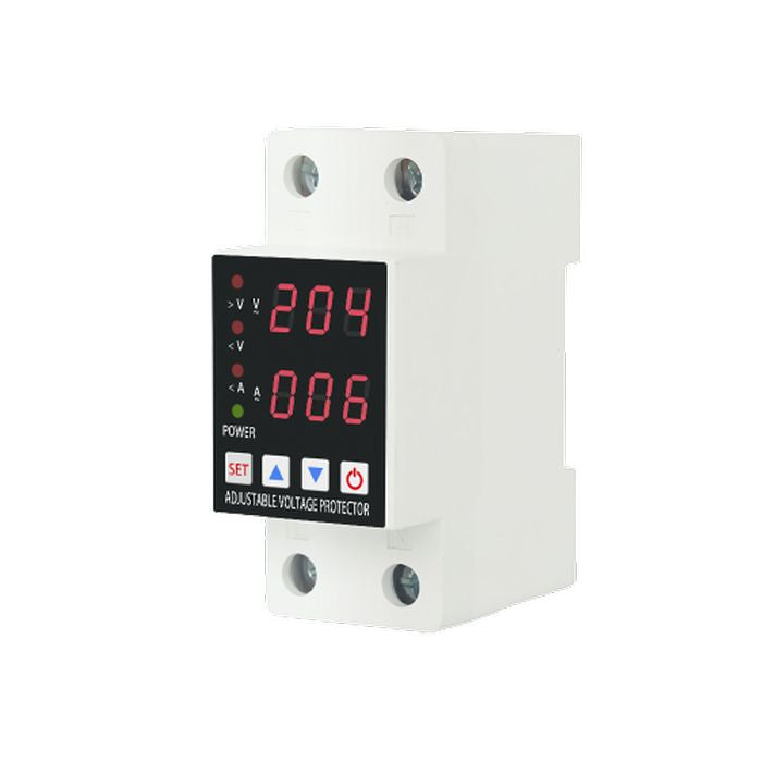 Dual Display Adjustable Over Voltage Current And Under Voltage Protective Device Protector Relay 63A And 40 a 220V 230V - a white rail-mount device with a digital screen showing 204V and 006A, featuring four buttons and status LEDs.