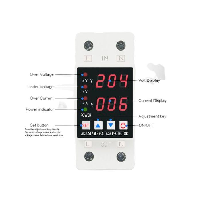 Dual Display Adjustable Over Voltage Current And Under Voltage Protective Device Protector Relay 63A And 40 a 220V 230V - a white rectangular device with a digital display showing 204 and 006, buttons, and labeled indicator lights.
