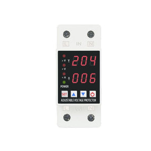 Dual Display Adjustable Over Voltage Current And Under Voltage Protective Device Protector Relay 63A And 40 a 220V 230V - a white DIN-rail device with a digital display showing 204V and 006A, featuring four control buttons and terminals.