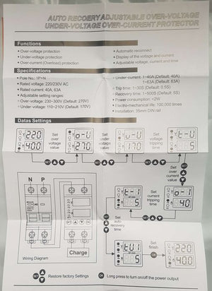 Dual Display Adjustable Over Voltage Current And Under Voltage Protective Device Protector Relay 63A And 40 a 220V 230V - instruction manual showing technical specifications, settings, and wiring.