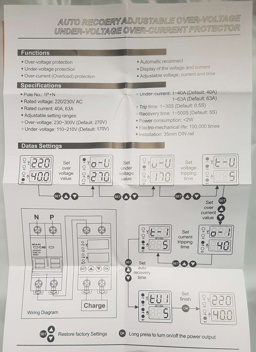 Dual Display Adjustable Over Voltage Current And Under Voltage Protective Device Protector Relay 63A And 40 a 220V 230V - instruction manual showing technical specifications, settings, and wiring.