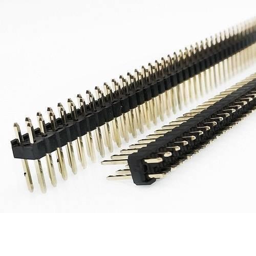 Dual Row Male Header 0.1 Inch 40+40 Pin Break Away - two long strips of black plastic with dual rows of gold-colored metal pins.
