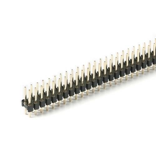 Dual Row Male Header 0.1 Inch 40+40 Pin Break Away - a long, straight, dual-row strip of gold-colored metal pins set in a black plastic base.