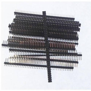 Dual Row Male Header 0.1 Inch 40+40 Pin Break Away - shown as a stack of black plastic strips with multiple rows of metallic male connector pins.