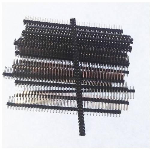 Dual Row Male Header 0.1 Inch 40+40 Pin Break Away - shown as a stack of black plastic strips with multiple rows of metallic male connector pins.