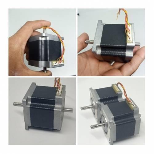 Dual Shaft NEMA 23 2A Stepper Motor For CNC 3d Printer - shown in a four-panel composite view featuring its grey square body, dual rotating shafts, and a four-pin connector.